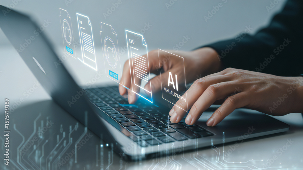 Obraz premium Person using laptop with glowing ai visualization and data documents overlay
