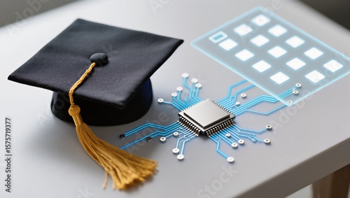 Graduation Cap and Microchip Symbolizing Education and Technology Integration for Future Generations