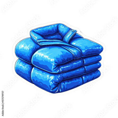 Stack of Folded Blue Puffer Jackets - Winter