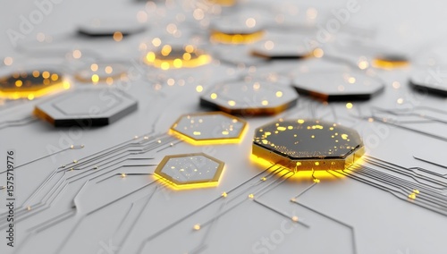 Glowing Hexagonal Chips on a White Surface, Symbolizing Artificial Intelligence and Technological Innovation for Digital Transformation and Data Management : Generative AI
