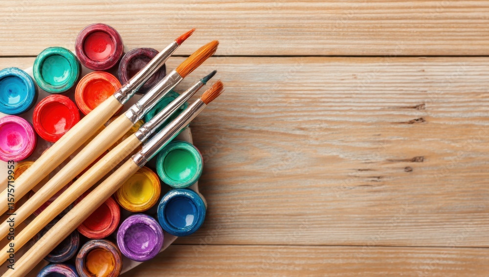 Obraz premium Paintbrushes and Colorful Paint Pots on Wooden Surface, Representing Artistic Expression and Creative Projects : Generative AI