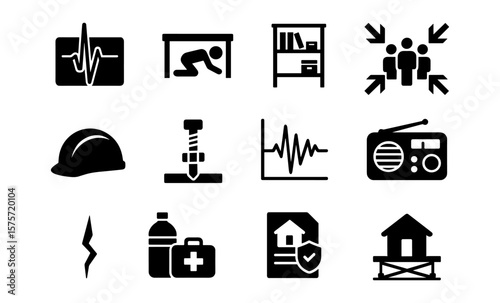 Emergency preparedness icons: safety measures and survival essentials