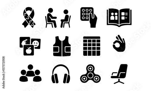 Autism support icons: inclusive communication, sensory tools, and helpful symbols