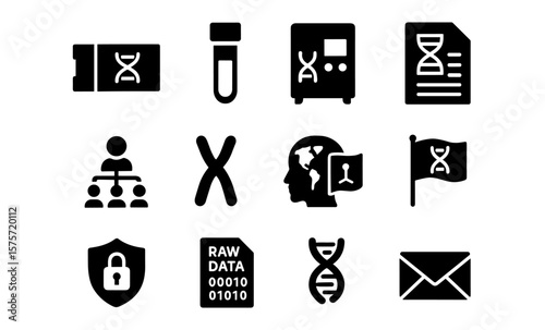 Comprehensive genetic analysis icons: dna, chromosome, privacy, and more