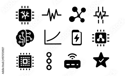Minimalist technology icons set: circuit, data, charging, network, signal