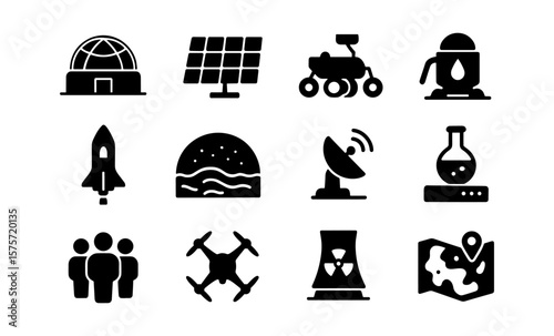 Space exploration icons: silhouette set featuring rocket, moon rover, and satellite