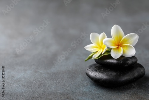 Plumeria Flowers on Stacked Black Stones, Representing Serenity and Wellness for Spa Advertising Campaigns and Holistic Lifestyle Content : Generative AI