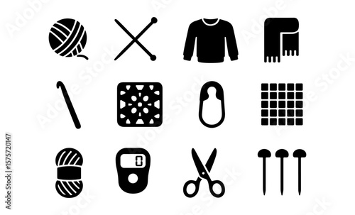 Silhouette icons of knitting and crochet tools and accessories in black