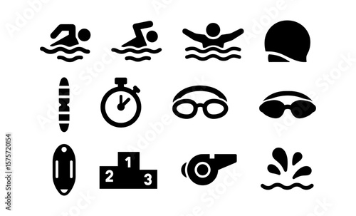 Swimming icons set: athlete, goggles, stopwatch, and podium symbols