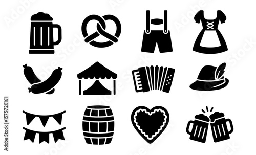 Silhouette oktoberfest icons: beer, lederhosen, pretzel, sausages, tent, accordion