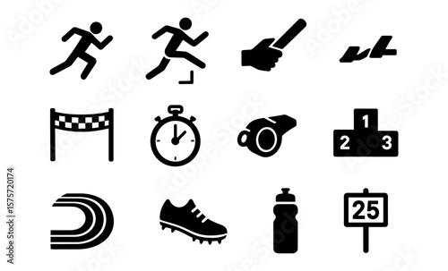 Athletics icons set: running, stopwatch, podium, whistle, track, water, cleats