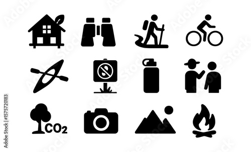 Eco-tourism icon set featuring hiking, bird watching, and sustainable travel
