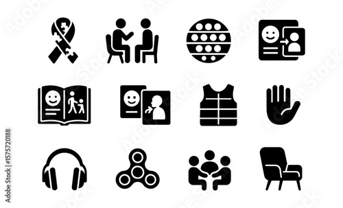 Autism therapy icons set featuring puzzle ribbons, sensory toys, and support symbols in silhouette style