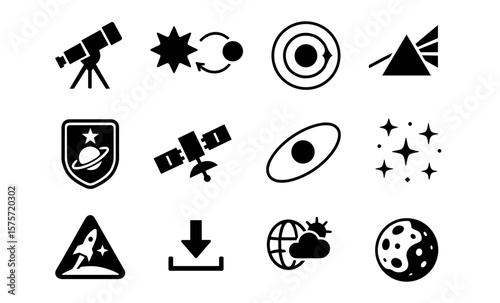Astronomy and space exploration icons: telescopes, satellites, orbits, and planets