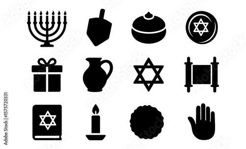 Hanukkah symbols: silhouette design of menorah, dreidel, star of david, and more
