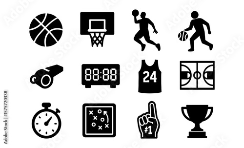 Basketball icons set: silhouette sports symbols including player, trophy, and court
