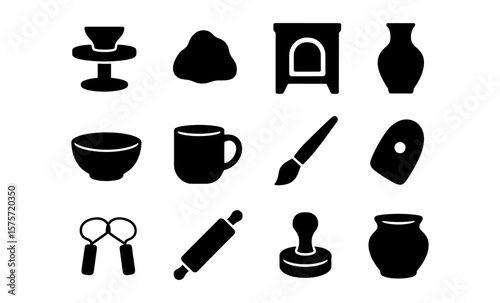 Ceramics and pottery tools silhouette icons for craft enthusiasts