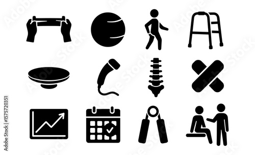 Silhouette icons of physical therapy and rehabilitation elements