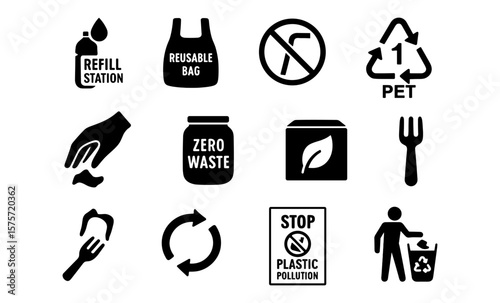 Eco-friendly icons promoting zero waste and recycling initiatives
