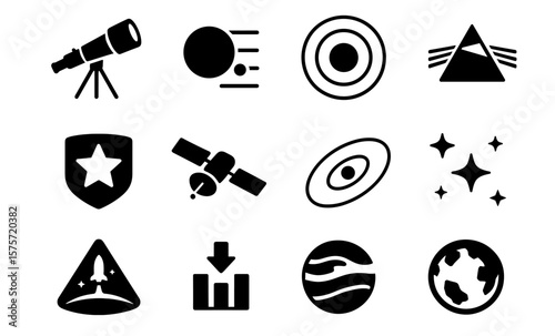 Space exploration icons: telescope, exoplanet, satellite, starfield, alien world