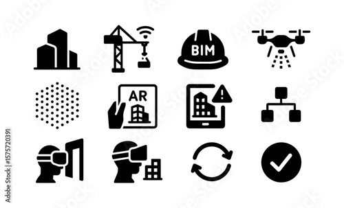 Digital twin in construction: modern black silhouette icon set for ar, vr, and bim