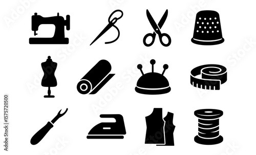 Sewing tools icon set: silhouette style for tailoring and crafting projects
