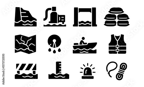 Flood prevention icons set featuring levee wall, rescue boat, and life jacket
