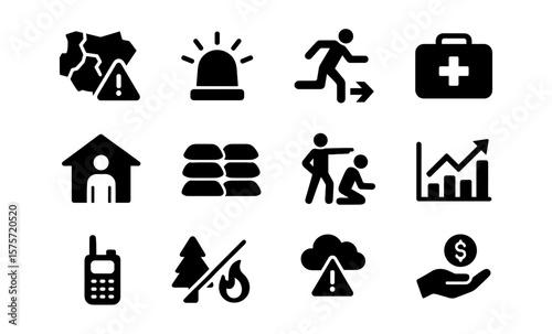 Disaster preparedness icons: safety measures and emergency planning symbols