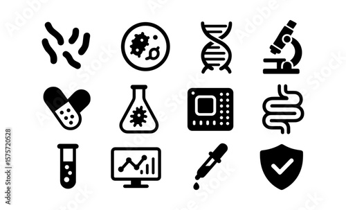 Microbiology and genome research icons with science and technology symbols