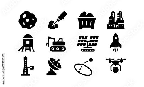 Space mining icons set: rockets, satellites, asteroids, robots, factories