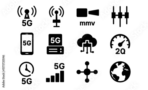 5g technology icons set: communication, cloud, network, global connectivity, signal, speed