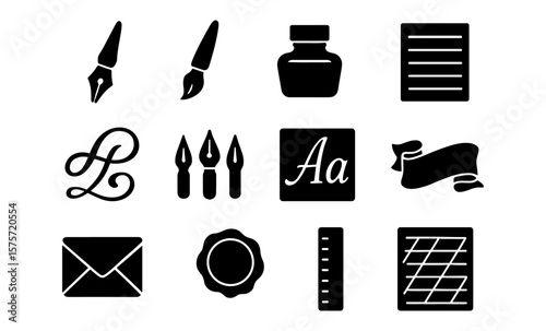 Elegant silhouette icons of writing tools and stationery for creative design projects