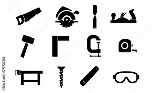 Silhouette woodworking tools collection: essential carpentry and diy icon set
