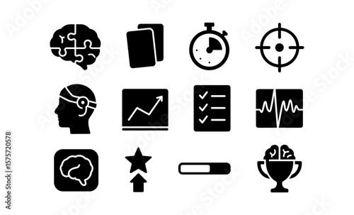 Cognitive training icons: brain, progress charts, and checklists in flat design