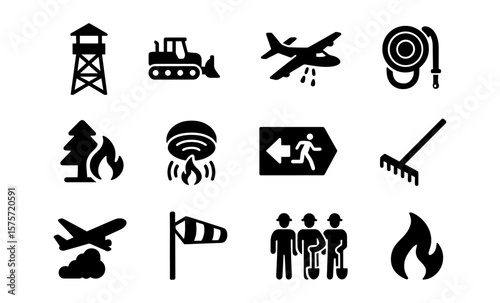 Emergency and firefighting icons: safety equipment, fire prevention, rescue operations