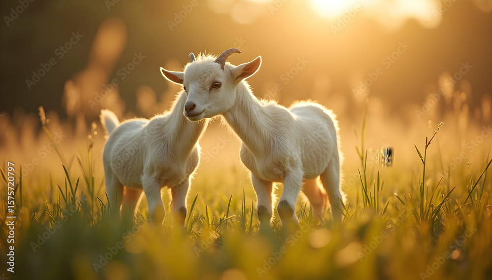 Charming duo of baby goats grazing in a sun-drenched meadow at golden hour Charming duo of baby goats grazing in a sun-drenched meadow at golden hour
