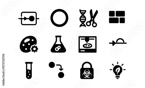 Innovative biotechnology icons: gene clip, crispr, bio printer, and more