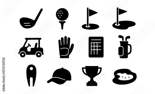 Golf equipment icons: clubs, flags, carts, and trophies in silhouette style