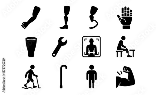 Prosthetics and rehabilitation icons set: mobility and support symbols