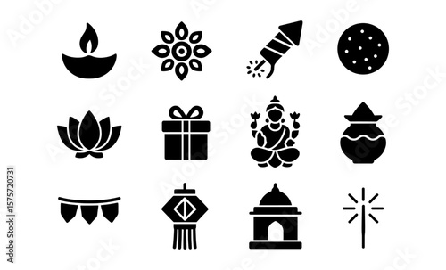 Diwali icons set: celebrating with traditional symbols and festive elements in silhouette style