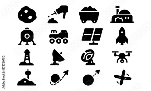 Space exploration icons set: rocket, drone, satellite and more in silhouette style