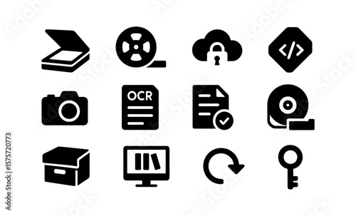 Digital archive icons set: simple black silhouettes for technology and security