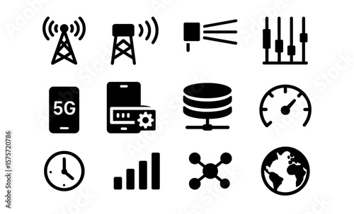Modern telecommunication icons in minimalist style highlighting 5g and network concepts