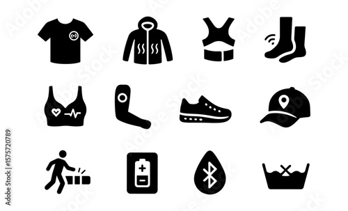 Wearable technology icons: smart clothing and accessories in silhouette style
