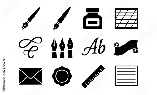 Classic calligraphy and writing tools icons set: pen, ink, paper, brush, envelope, seal, ruler