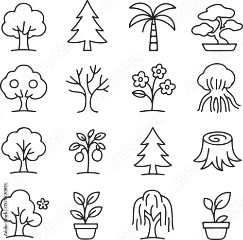 Collection of simple black outline icons representing various types of trees plants and a tree stump on a white background