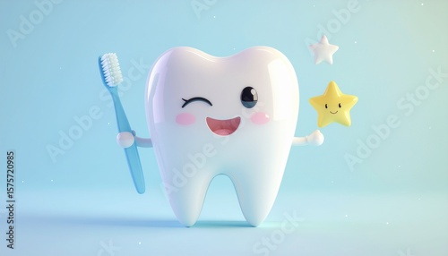Cute Cartoon Tooth Character with Toothbrush and Stars Promoting Dental Hygiene and Oral Health on a Light Blue Background
