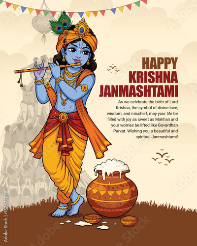 Happy Krishna Janmashtami and Dahi Handi Festival Celebration Creative Vector Design, Social Media post, Festival Greeting