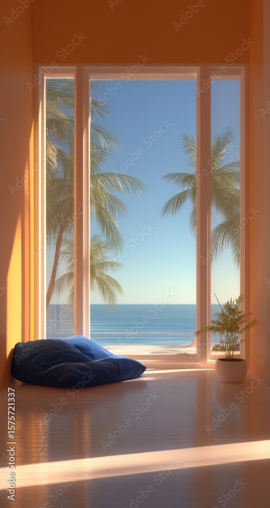 Obraz premium Blue Beanbag Chair by Window Overlooking Ocean, Representing Relaxation and Tropical Vacation Getaway, Ideal for Travel and Hospitality Marketing : Generative AI
