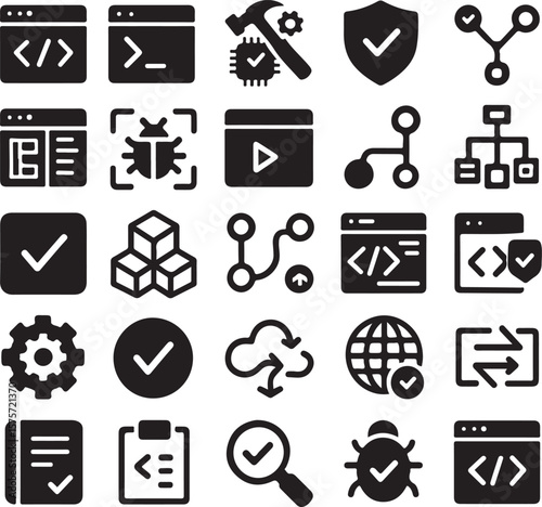 Collection of black flat icons representing software development concepts including code debugging security cloud services and project management tasks